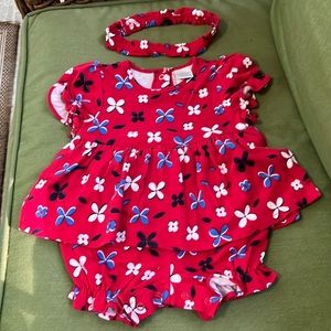 Little Wonders 2 pc set- red and blue romper with headband